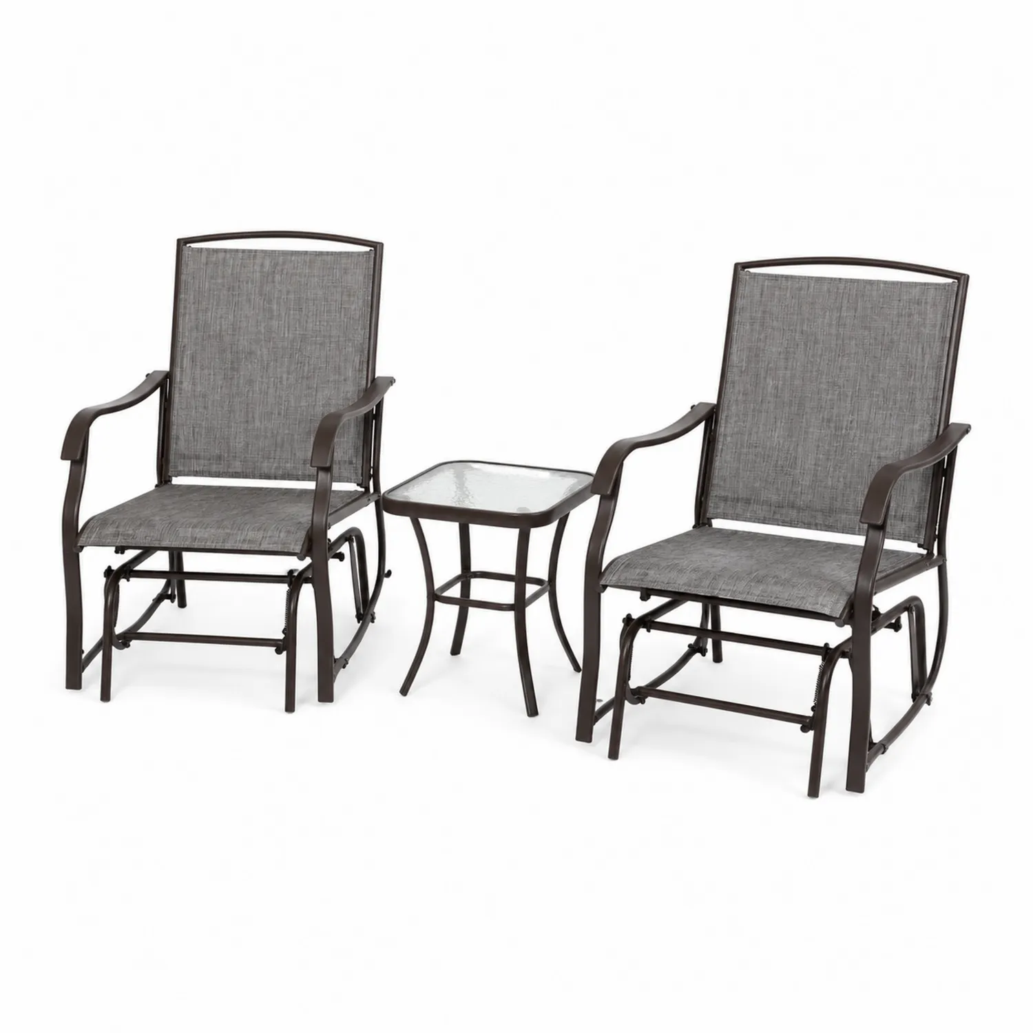Conjunto de Sillas Mecedoras de Metal y Textileno con Mesa de Vidrio Templado