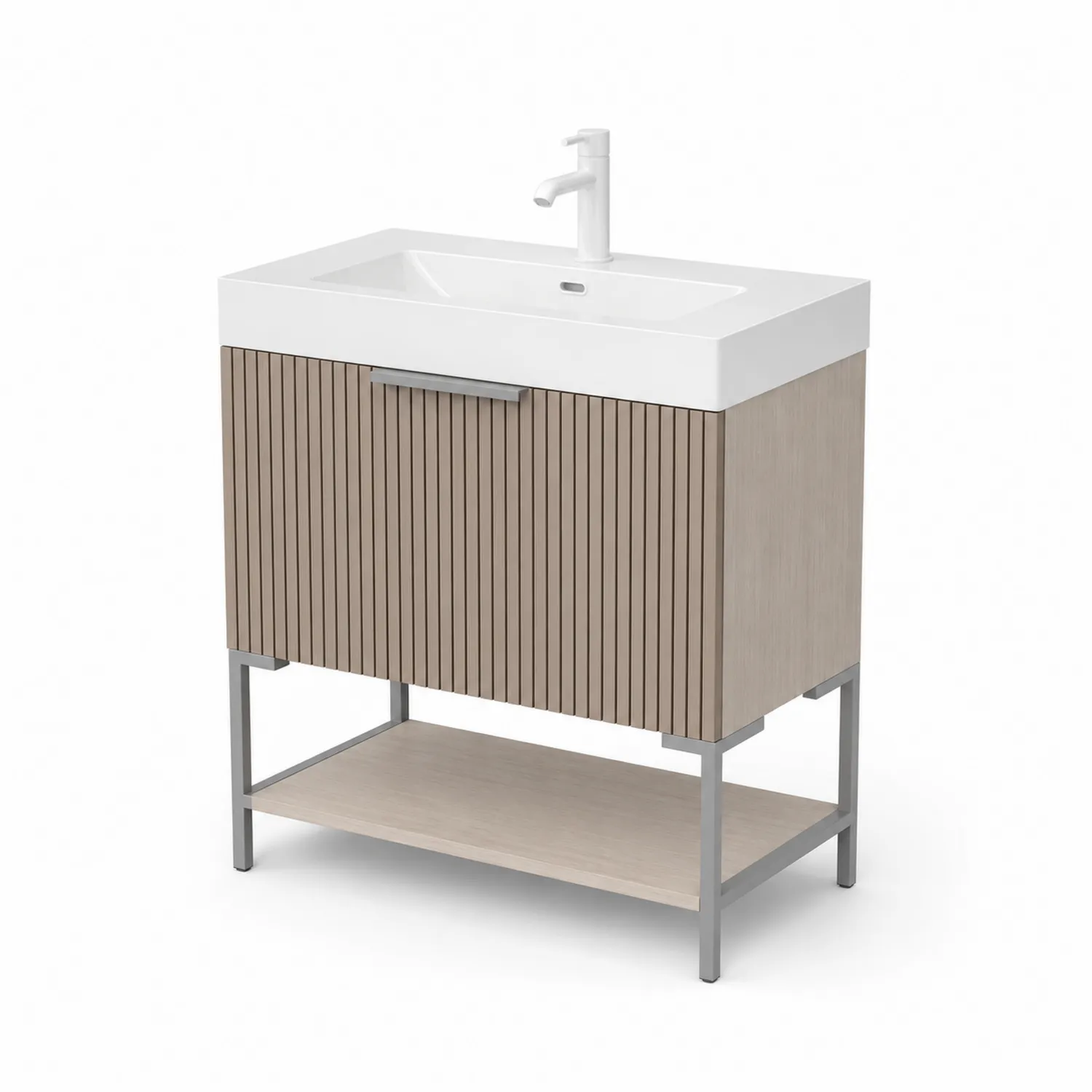 Mueble de lavabo de madera con lavabo de cerámica y estructura metálica 85x60x45 cm Beige/Blanco