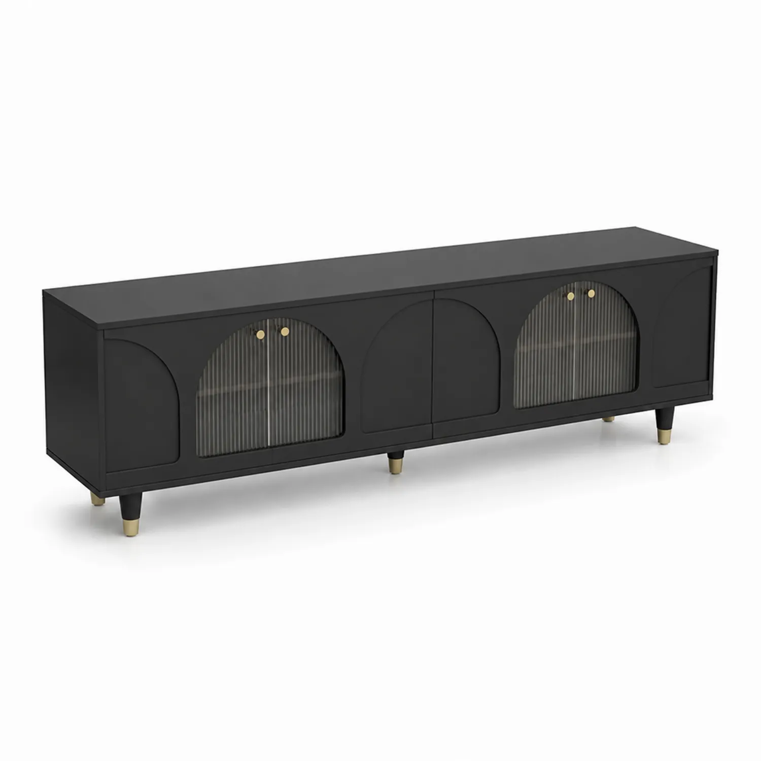 Mueble de televisión negro con puertas de vidrio acanalado