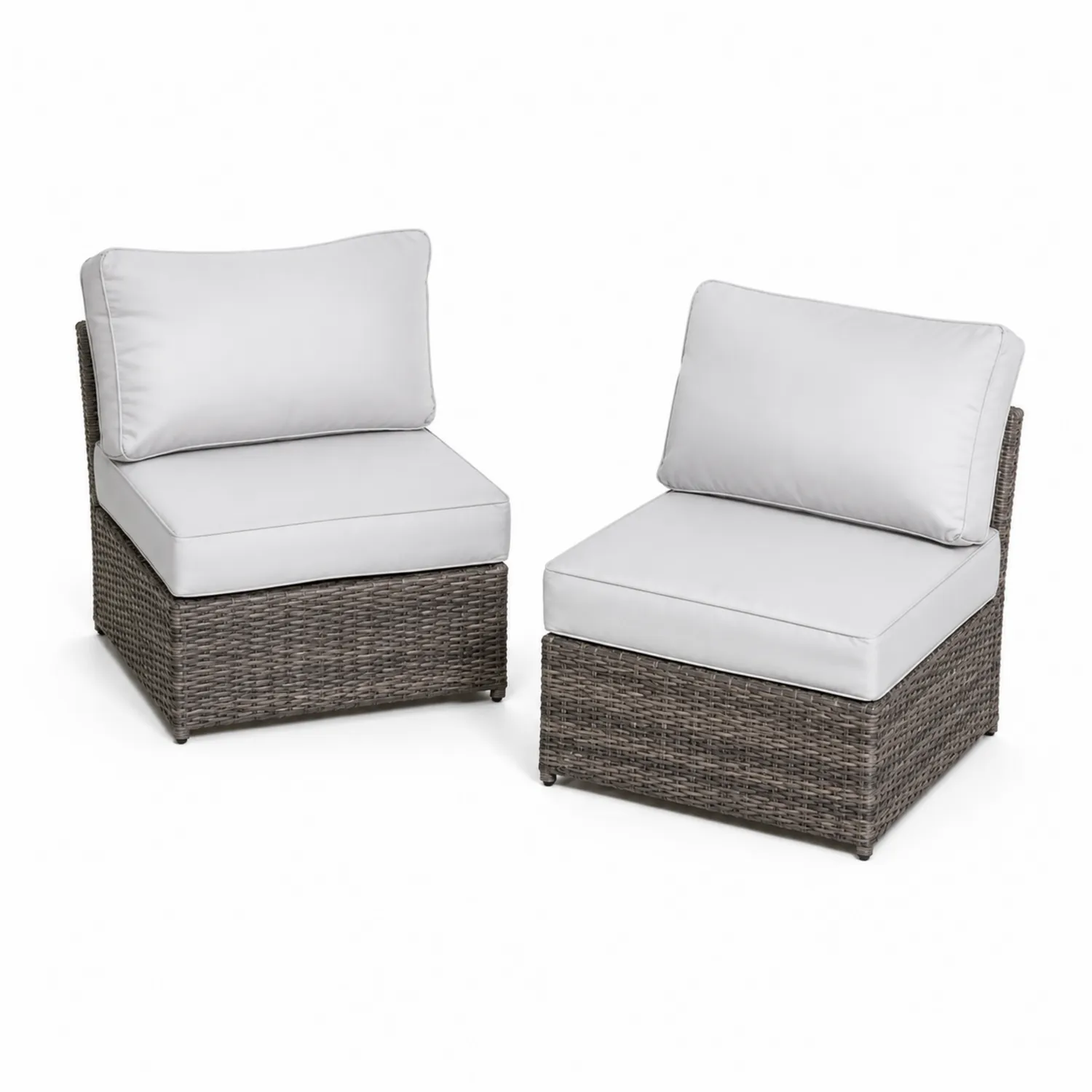 Conjunto de 2 sofás modulares de ratán sintético gris con cojines blancos