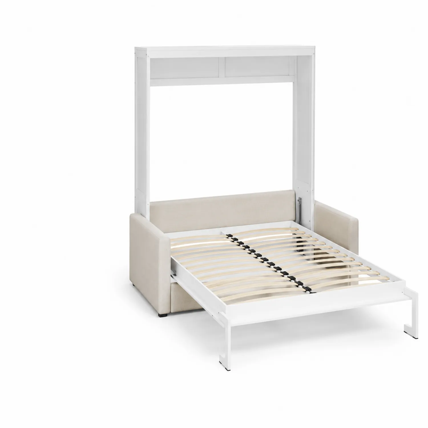 Cama abatible de pared de metal y madera en Blanco y Beige