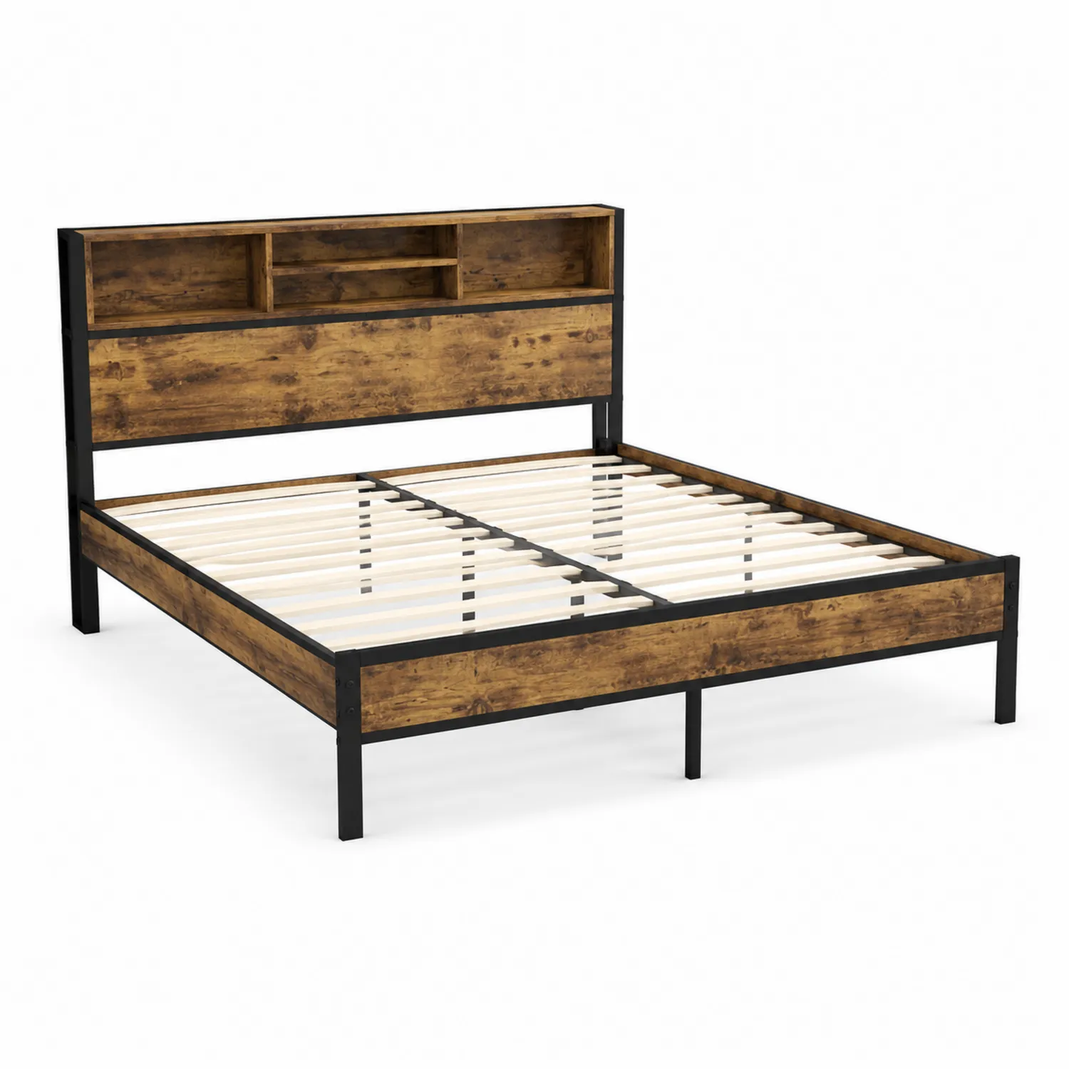 Cama doble de metal y madera con cabecero de almacenaje 200x160cm Marrón/Negro