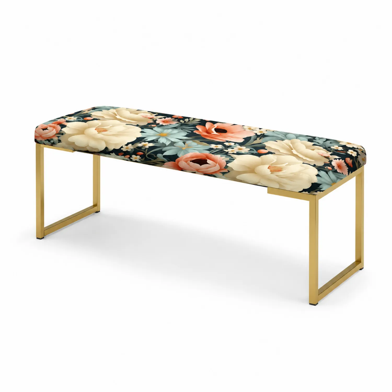Banco de Tela Floral con Estructura de Metal Dorado