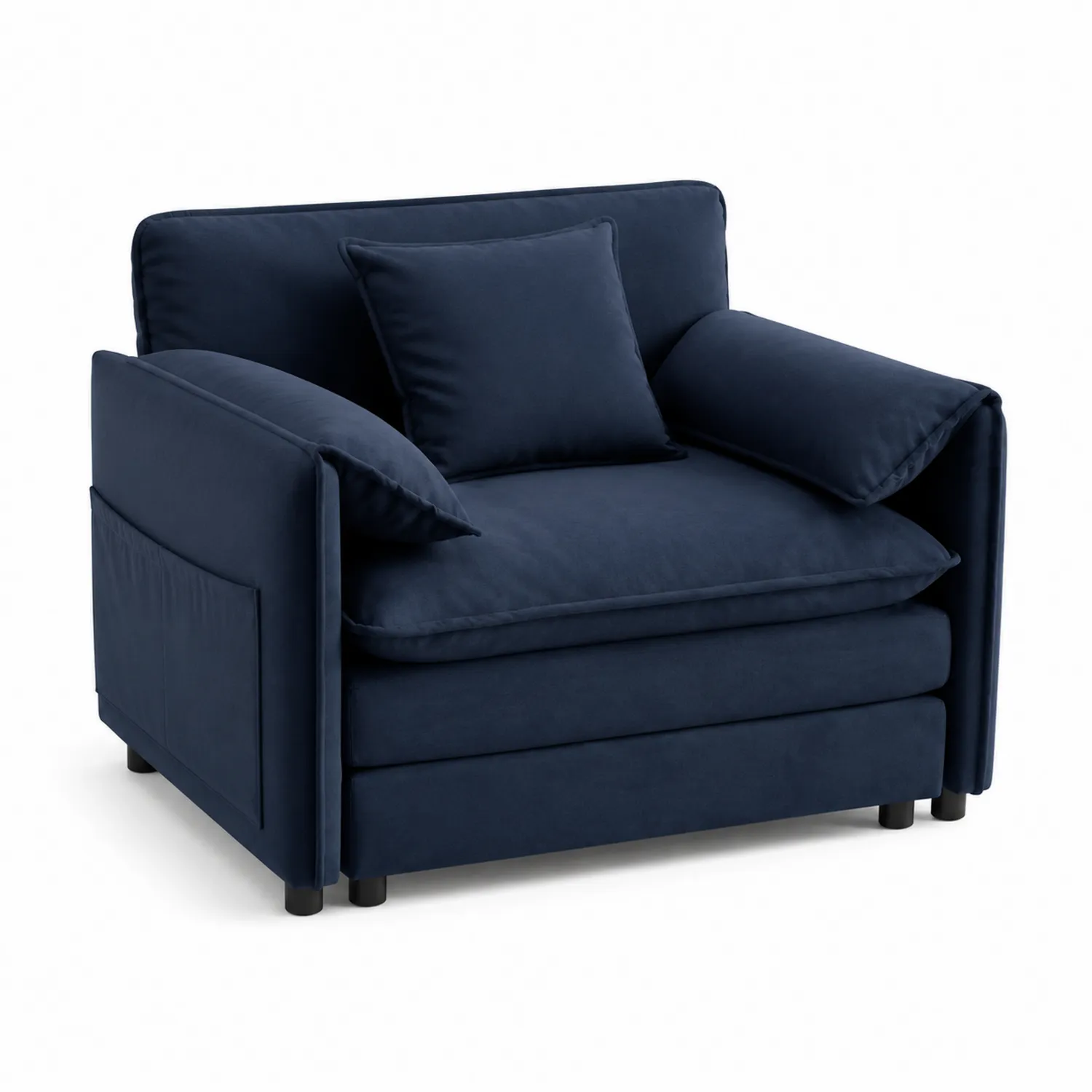 Sofá cama de terciopelo azul marino con cojines