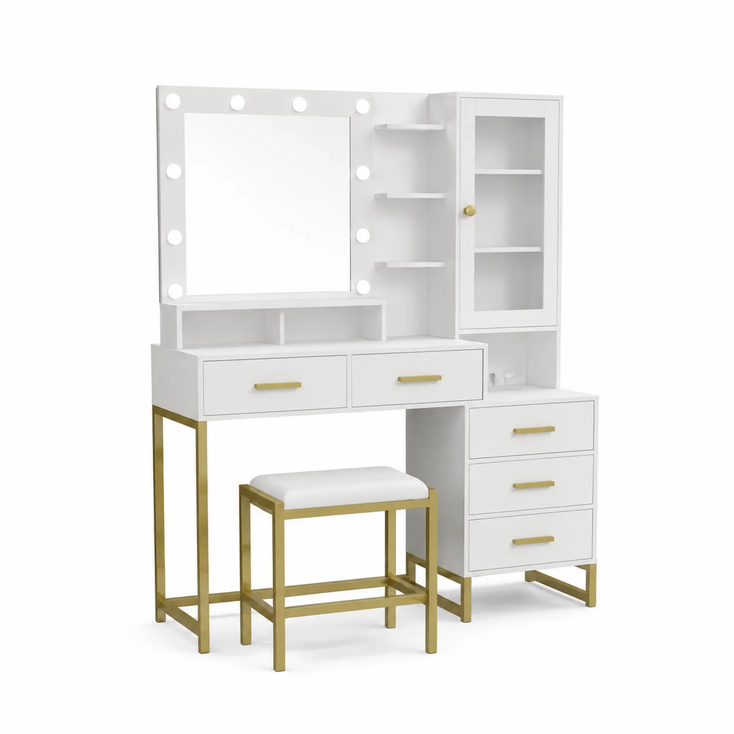 Tocador de Madera MDF Blanco con Espejo Vidrio Templado y Taburete, Estructura Metal Dorado
