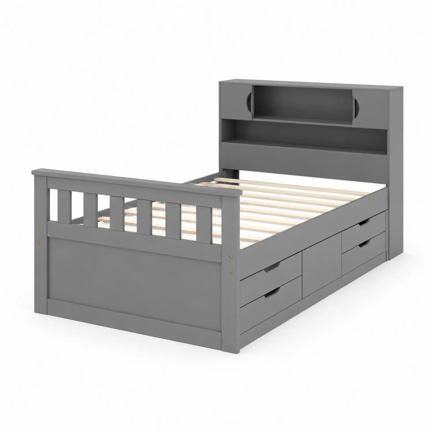 Cama individual de madera con cabecero y almacenamiento gris