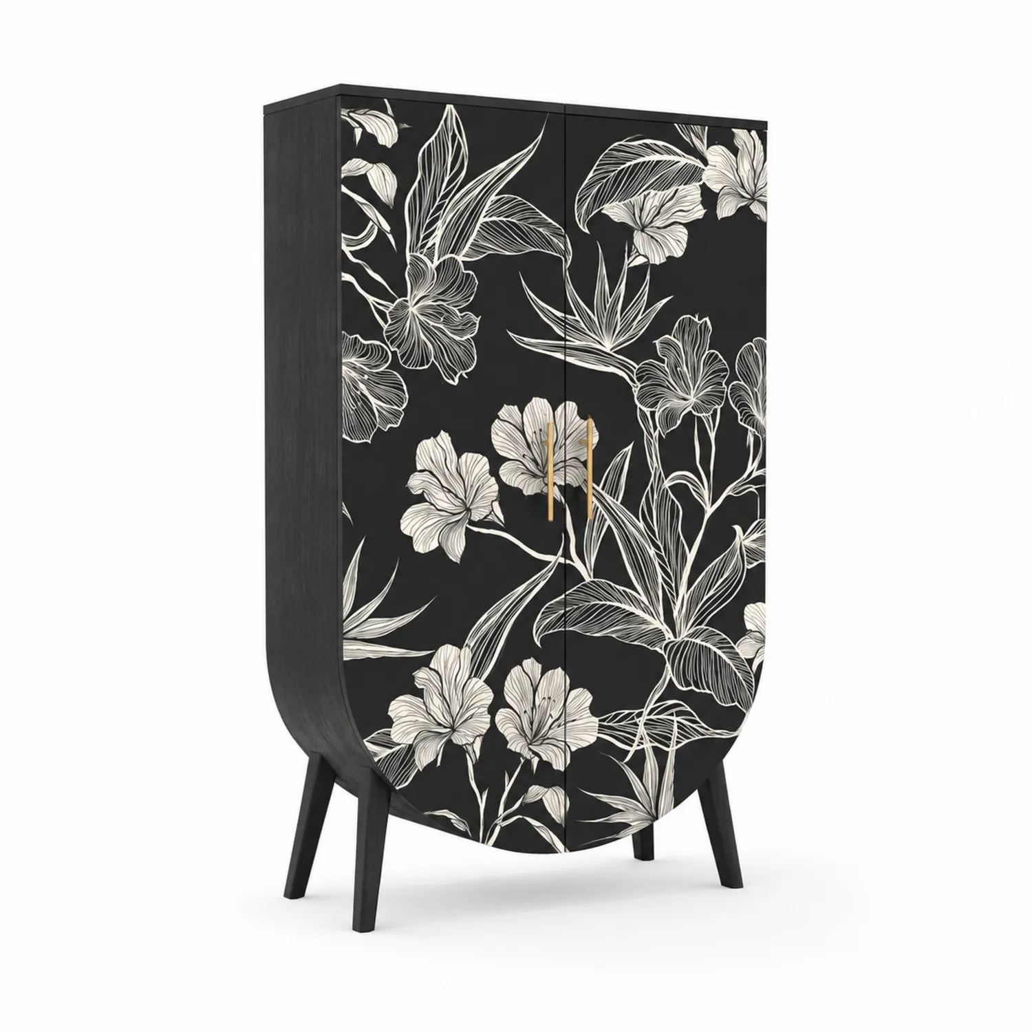 Armario de madera con diseño floral en negro y blanco
