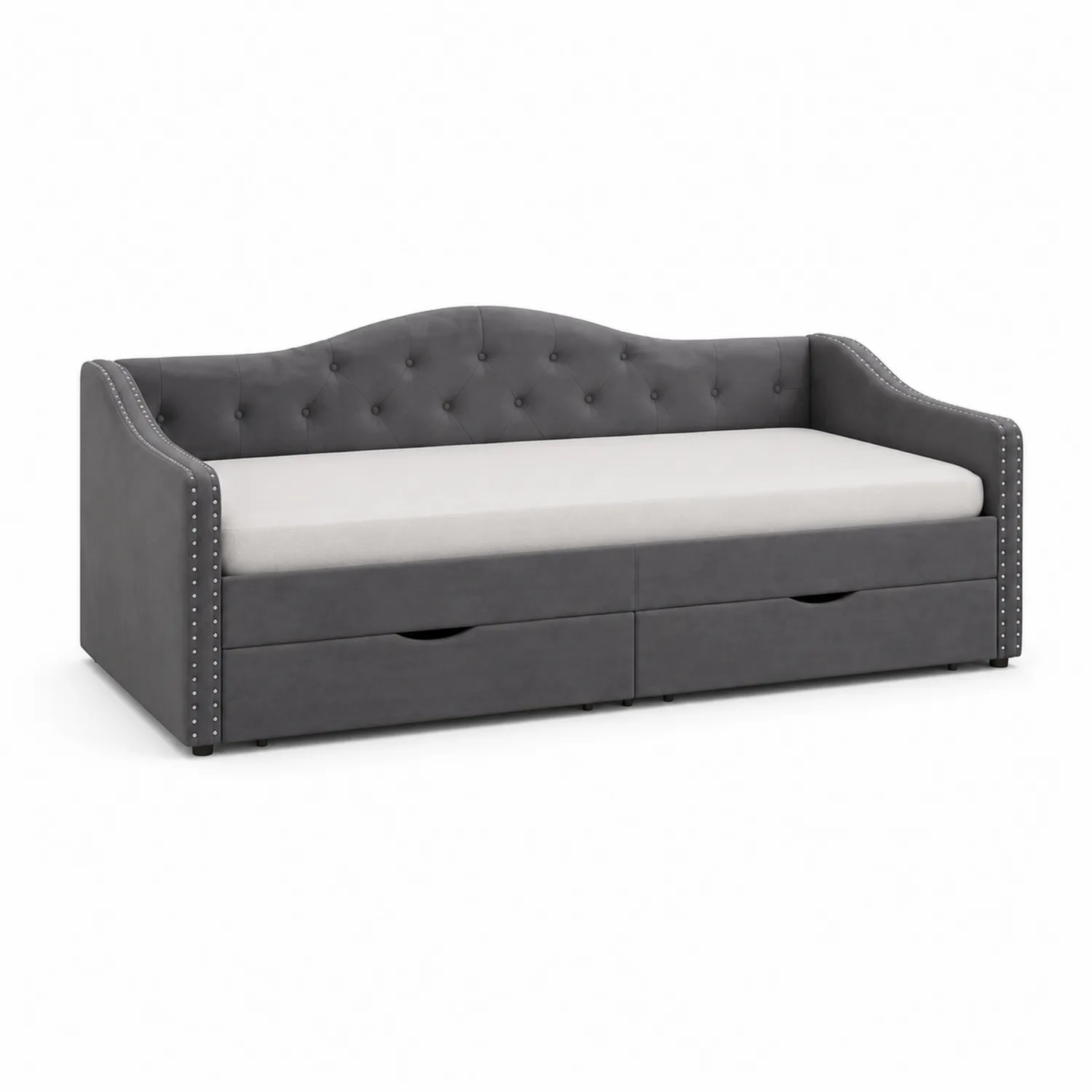 Cama de día con almacenamiento gris de terciopelo y madera 200x90x95 cm