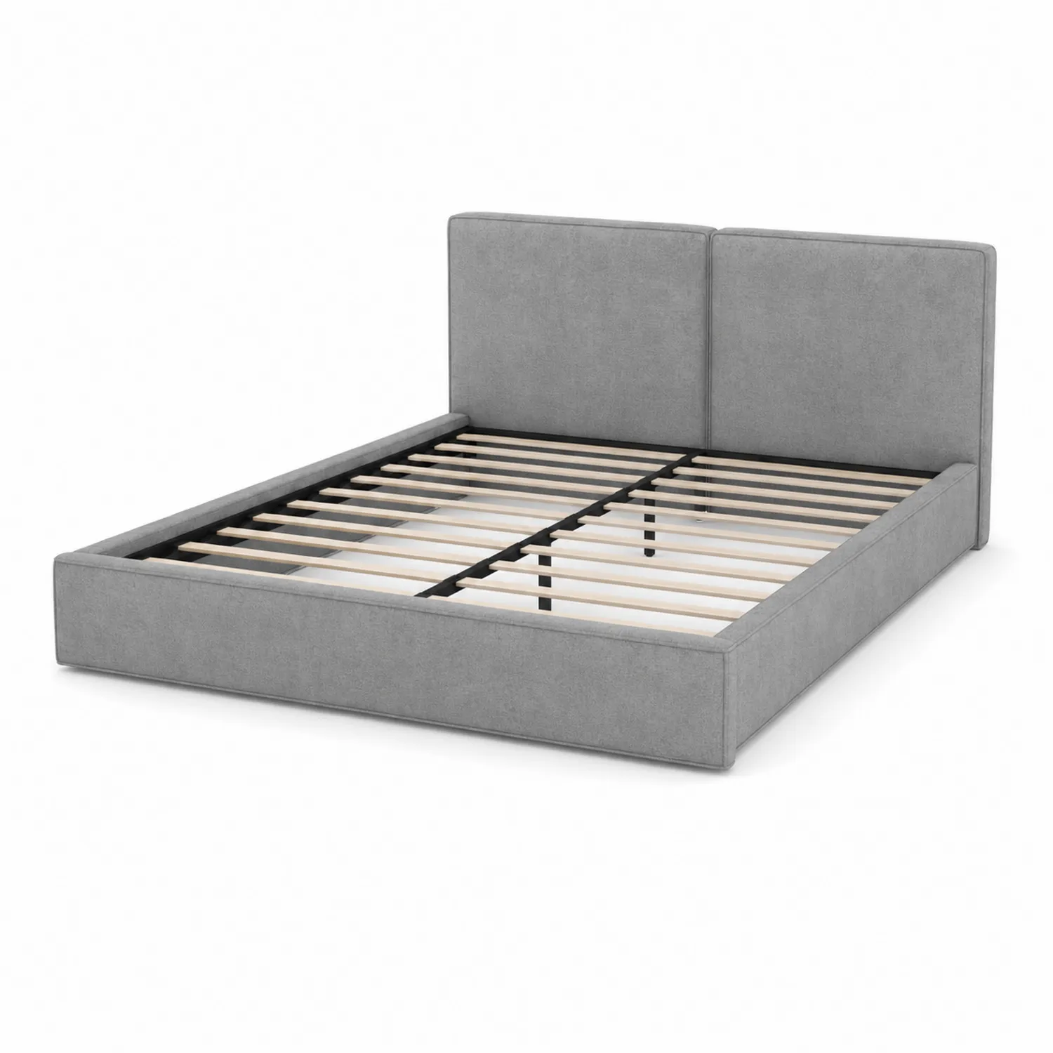 Cama tapizada gris con estructura de madera y somier de láminas