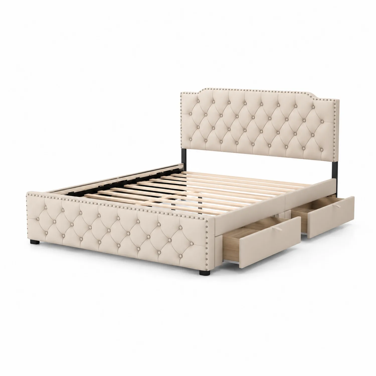 Cama tapizada con almacenamiento de polipiel beige 200x160 cm