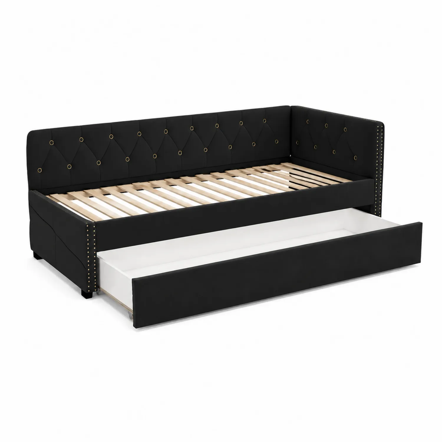 Cama de día de Madera y Tapizado de Poliéster Negro con Cajón Extraíble 200x90 cm