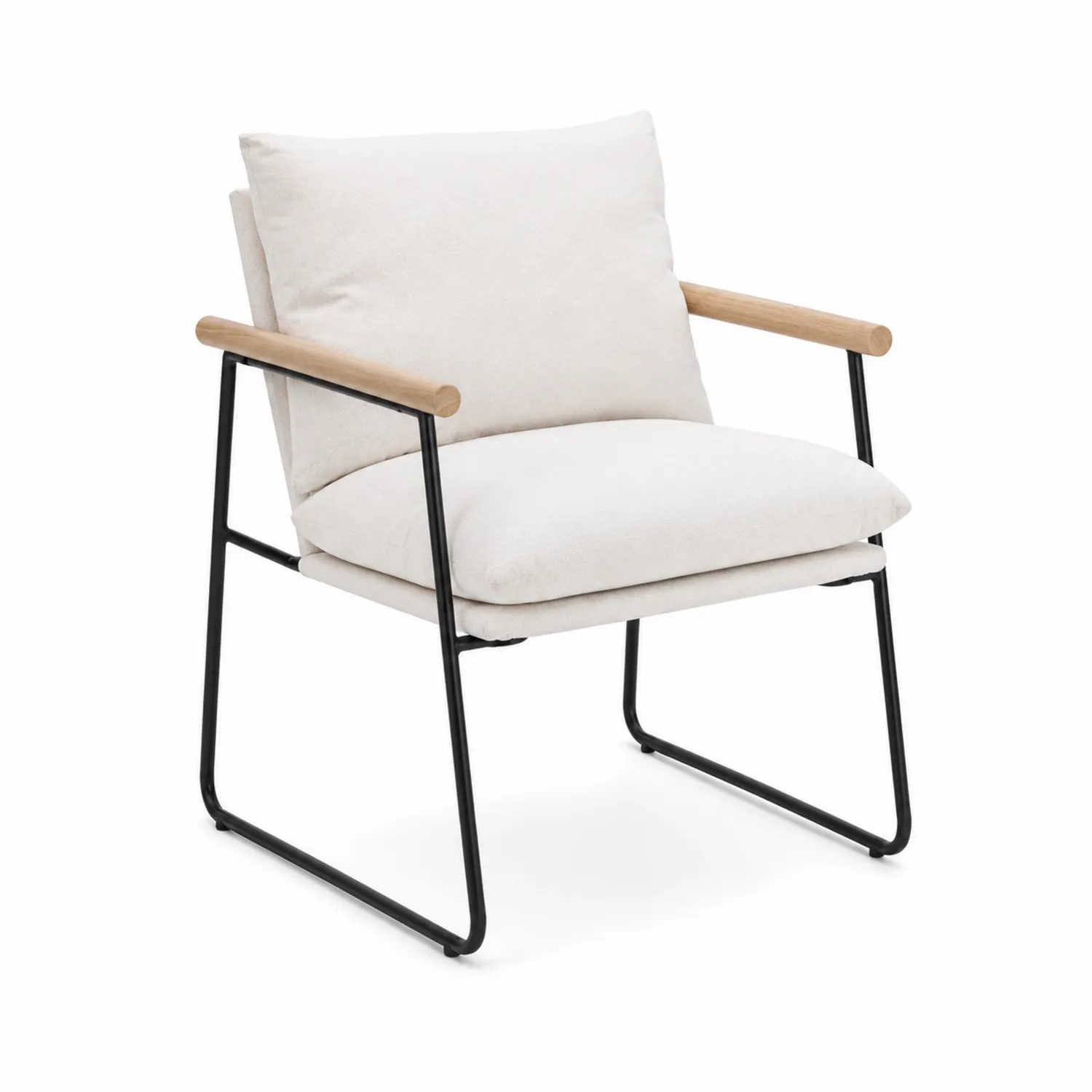 Silla de Tela con Estructura Metálica y Reposabrazos de Madera 75x65x85 cm Blanco
