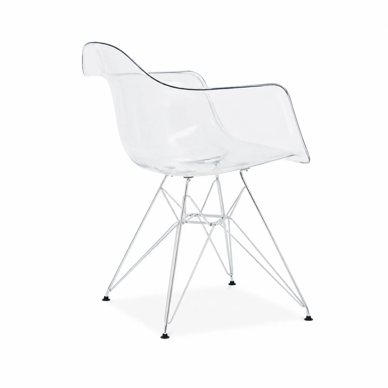 Silla de plástico transparente con patas de metal cromado