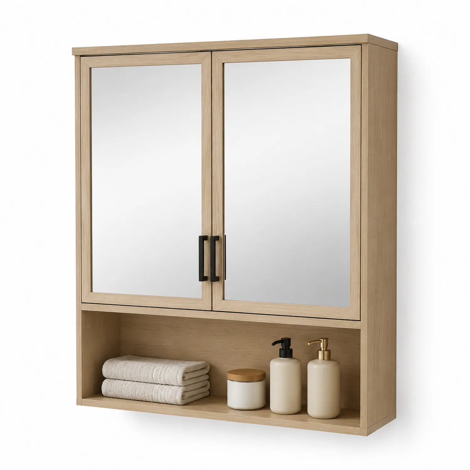 Armoire-miroir de salle de bain en bois de chêne à deux portes