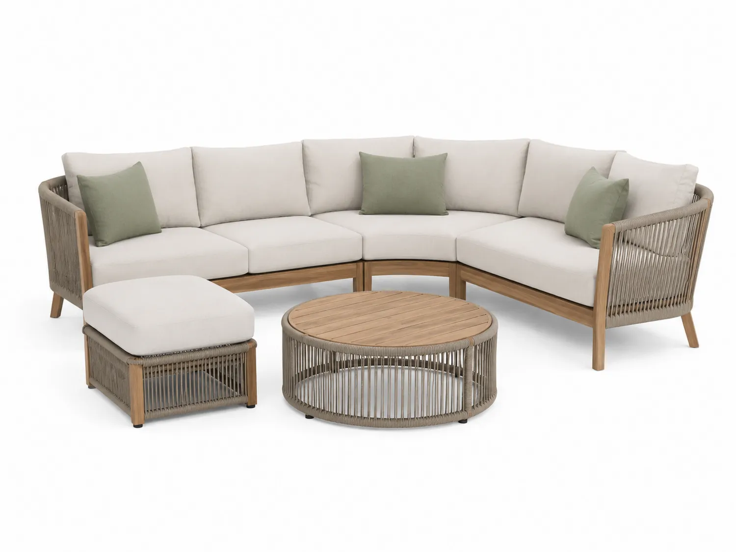 Canapé d'angle d'extérieur en bois et corde avec coussins Beige et Vert