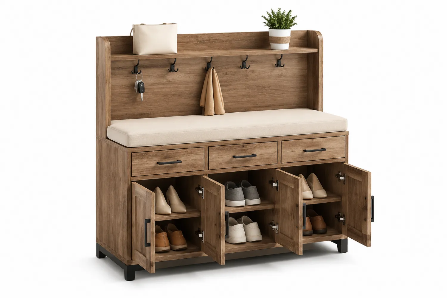 Meuble d'entrée en bois avec banc et rangement, coussin beige
