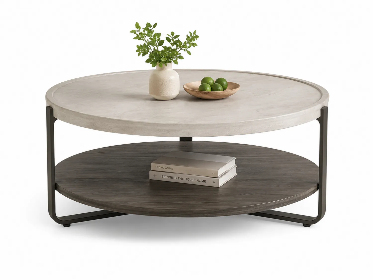 Table basse ronde en béton et chêne avec étagère inférieure 90 cm