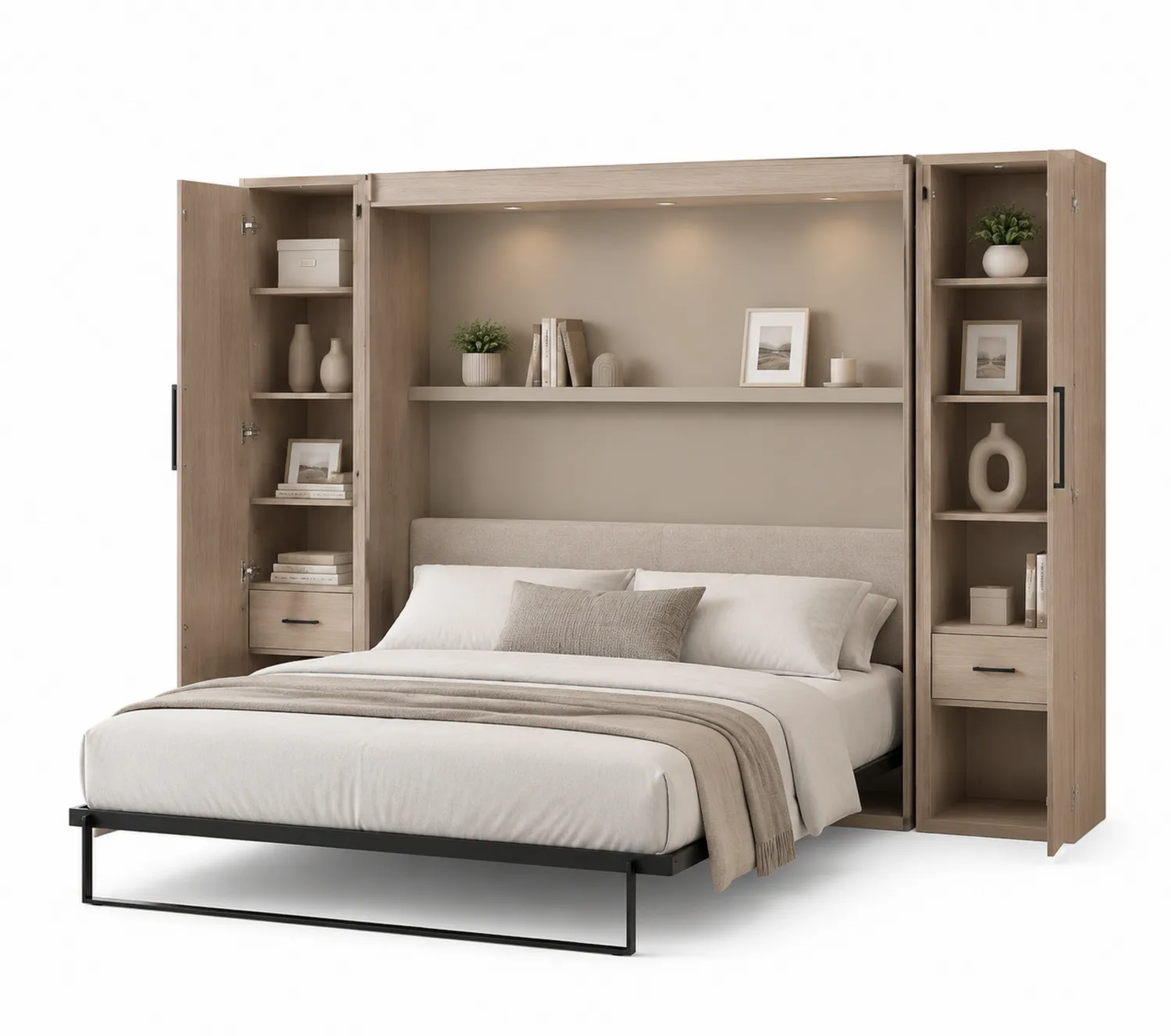 Lit escamotable en bois MDF et acier avec étagères 210x160 cm Chêne clair