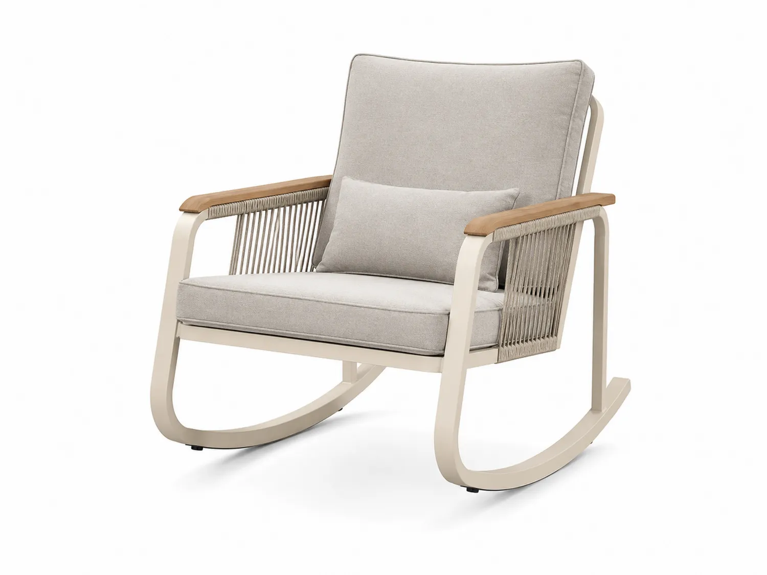 Chaise à bascule en aluminium et teck avec coussins en tissu polyester