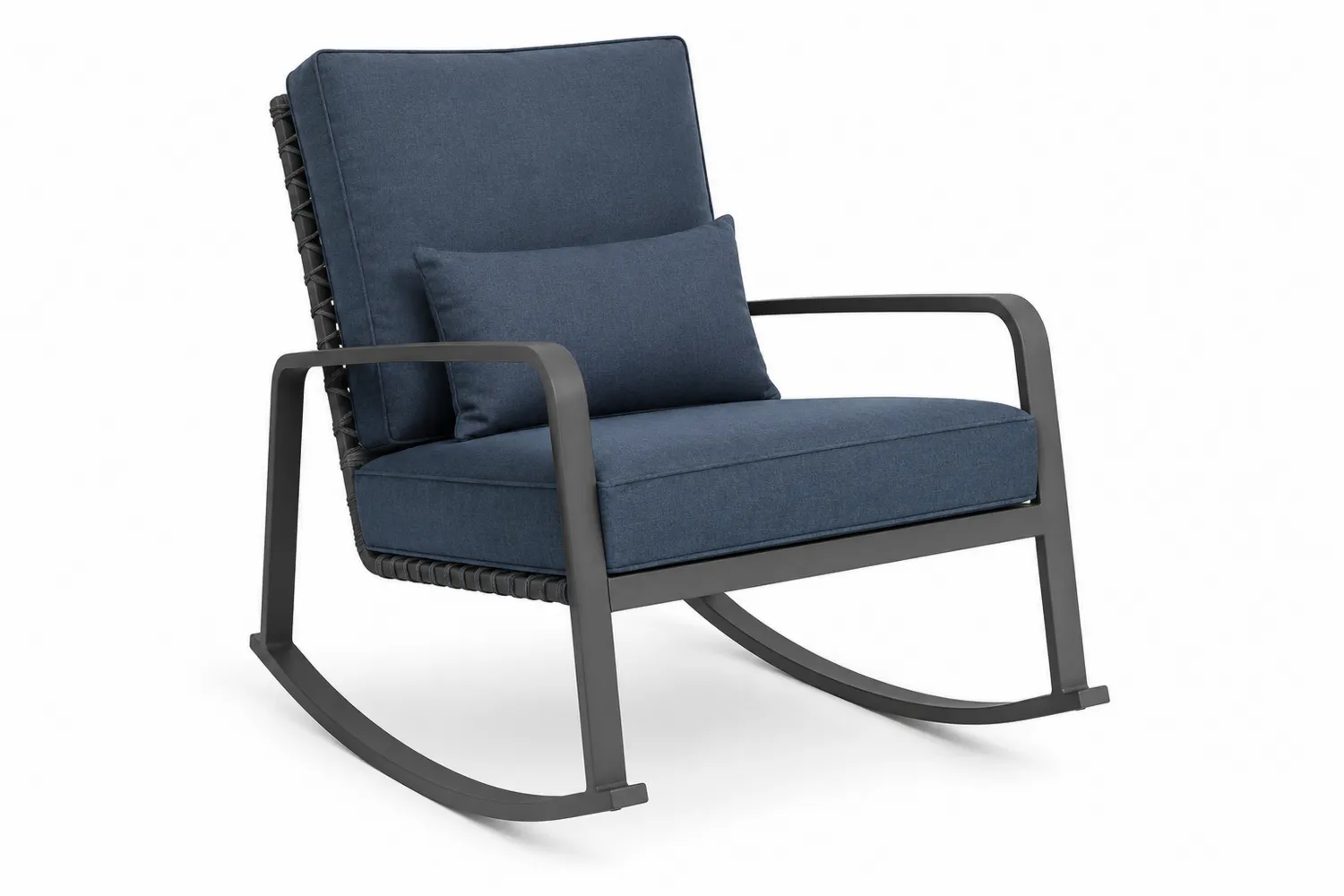 Chaise à bascule en aluminium avec coussin en tissu bleu foncé
