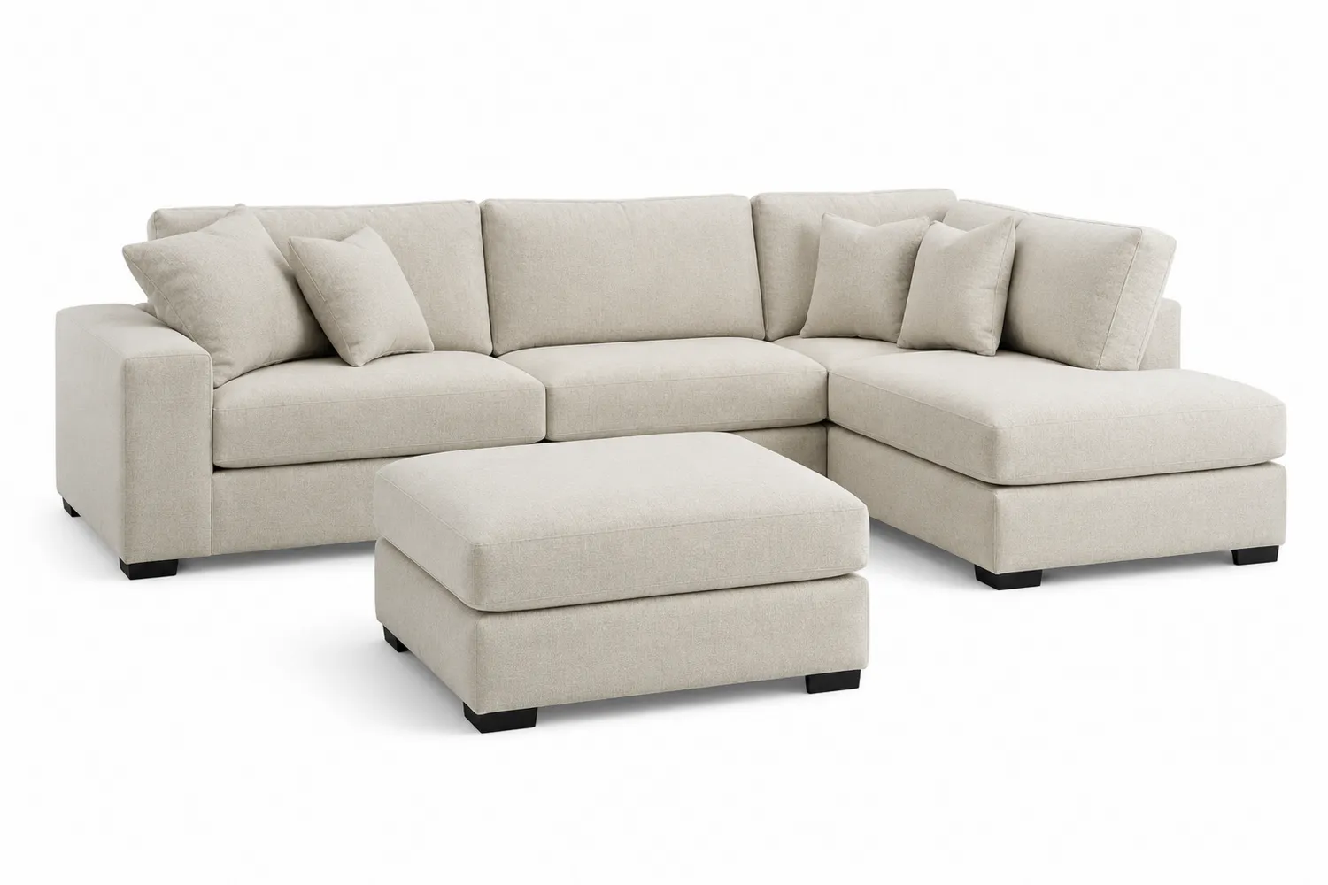 Canapé en tissu beige avec méridienne et pouf