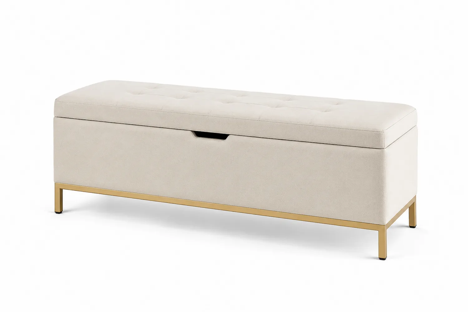 Banc de rangement en tissu beige avec pieds en métal