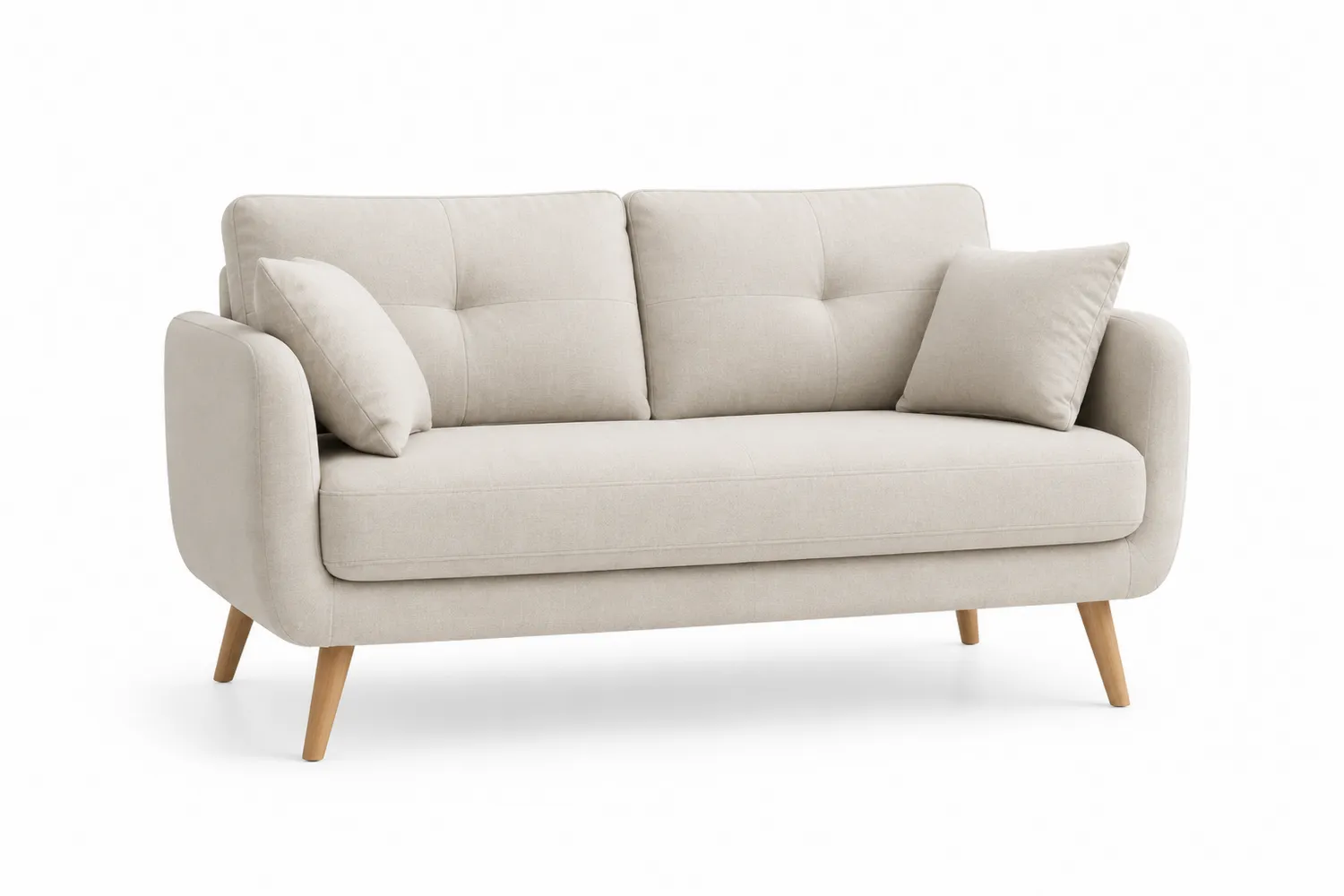 Canapé deux places en tissu beige avec cadre en bois