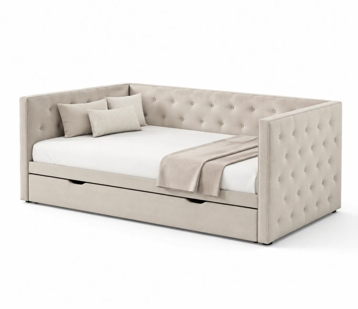 Lit de jour en tissu beige avec rangement