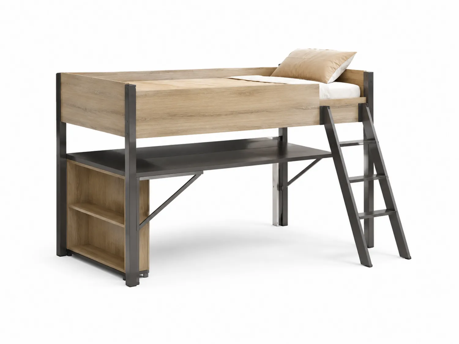 Lit mezzanine en bois et métal avec étagère et échelle 200x90 cm Chêne clair/Gris