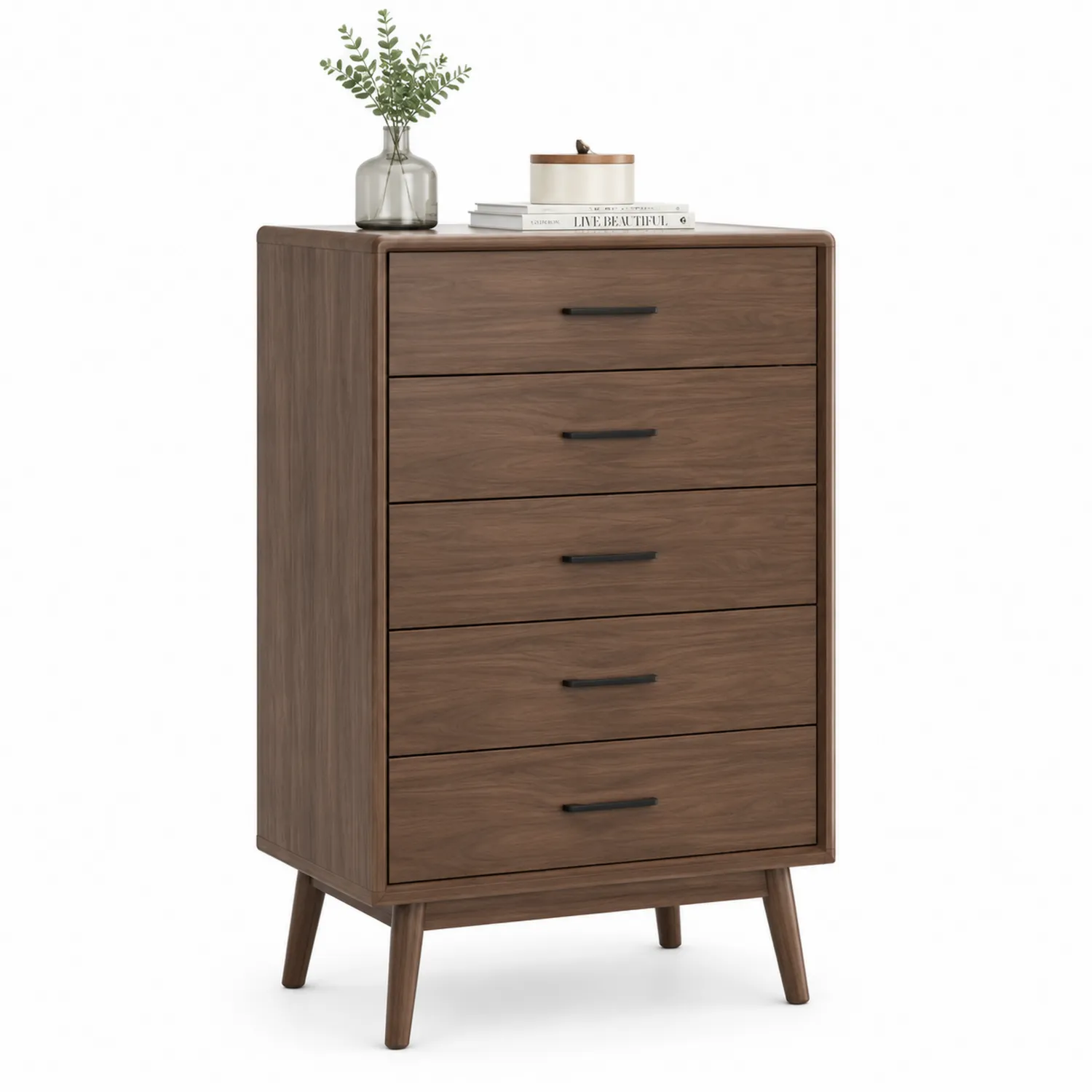 Chiffonnier en bois de noyer avec 5 tiroirs marron