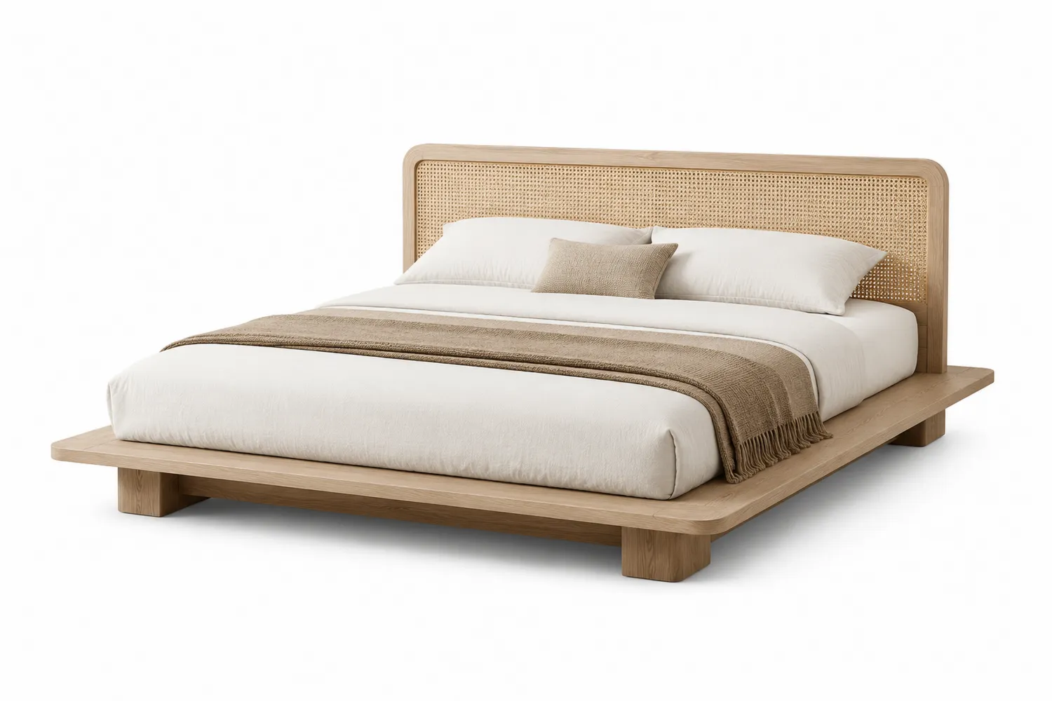 Lit en bois avec tête de lit en rotin 240x180 cm Beige