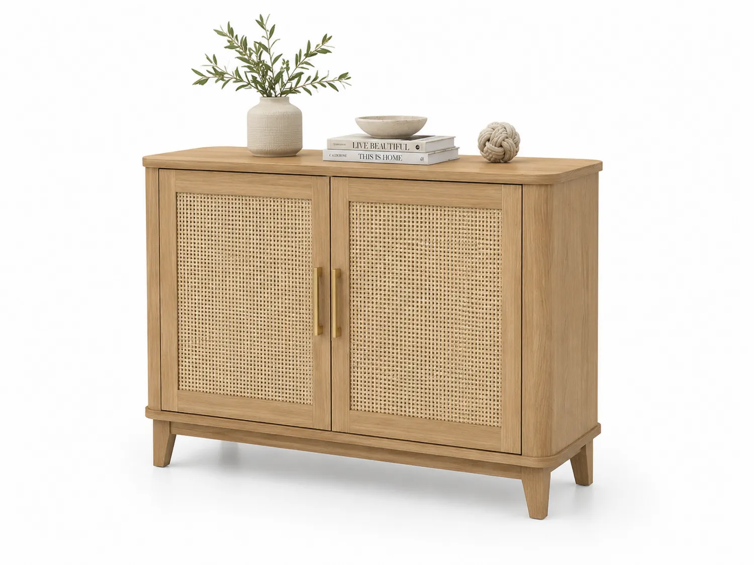 Buffet en bois d'orme et rotin avec deux portes 80x40x70 cm Chêne Clair