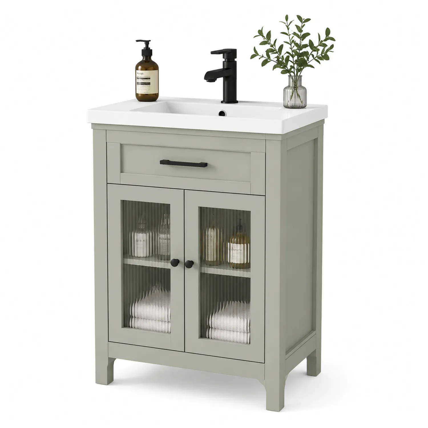Meuble lavabo en Bois avec vasque céramique rectangulaire Vert 60x45x80 cm