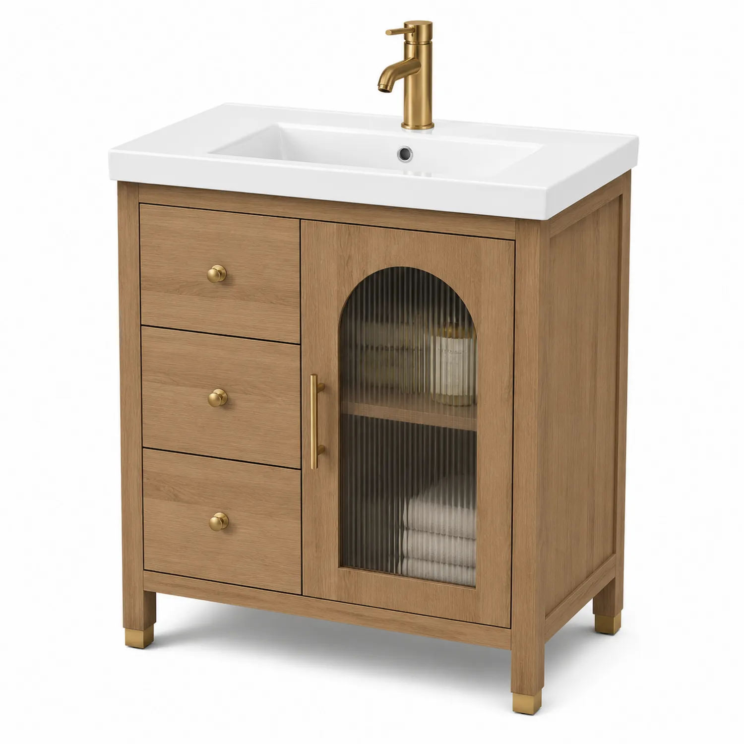 Meuble sous-lavabo en bois massif avec tiroirs et porte en verre trempé nervuré
