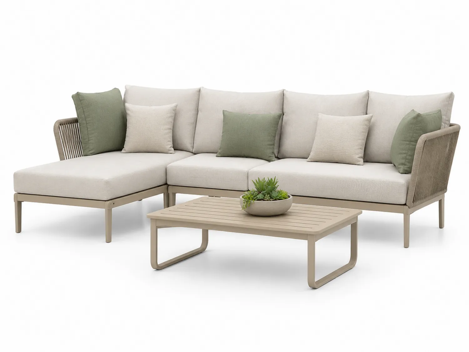 Canapé modulable en aluminium et tissu beige avec coussins verts