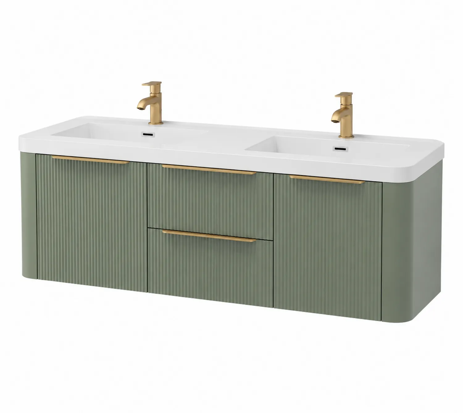 Meuble lavabo suspendu double en céramique et MDF vert avec poignées dorées
