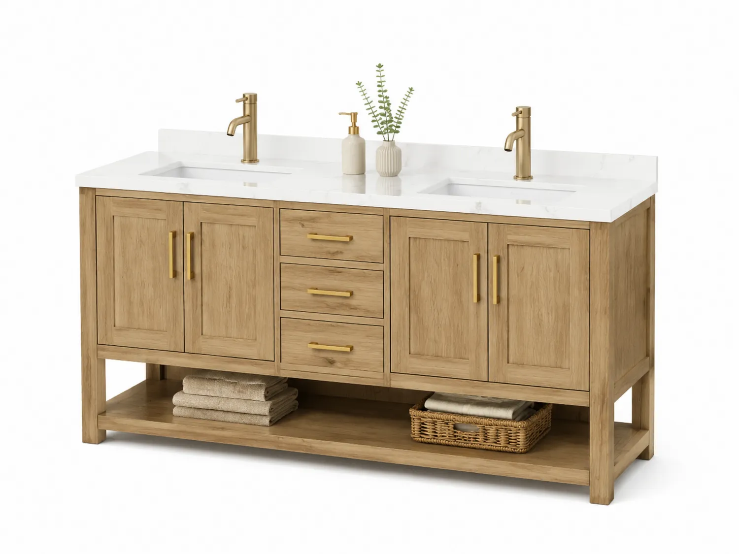 Meuble lavabo double en bois avec vasque en marbre blanc