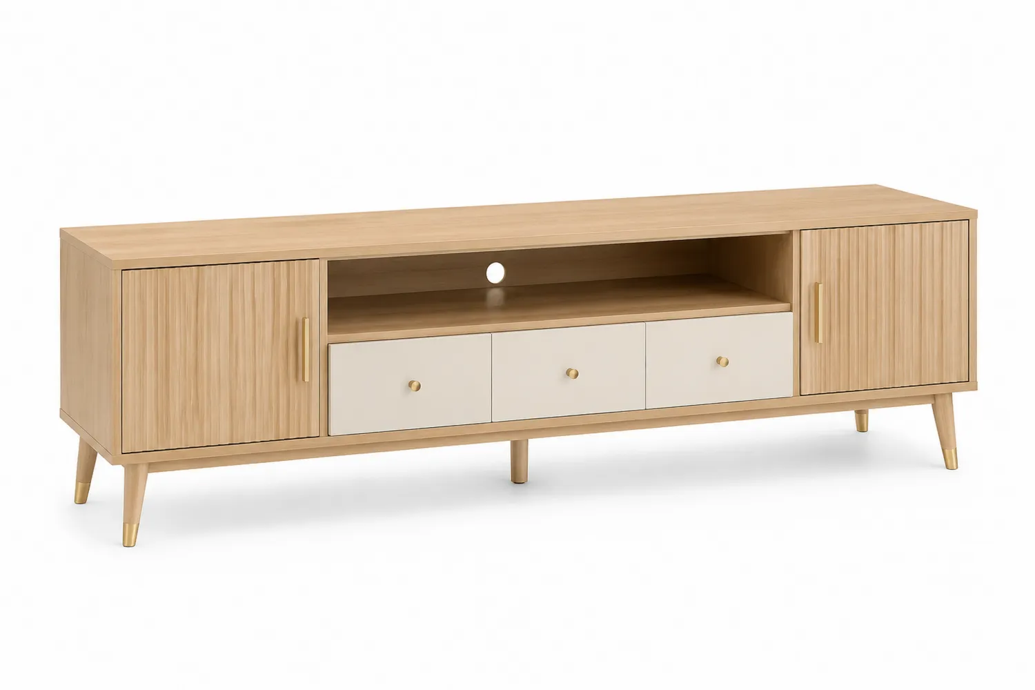 Meuble TV en bois avec deux portes et trois tiroirs chêne et beige