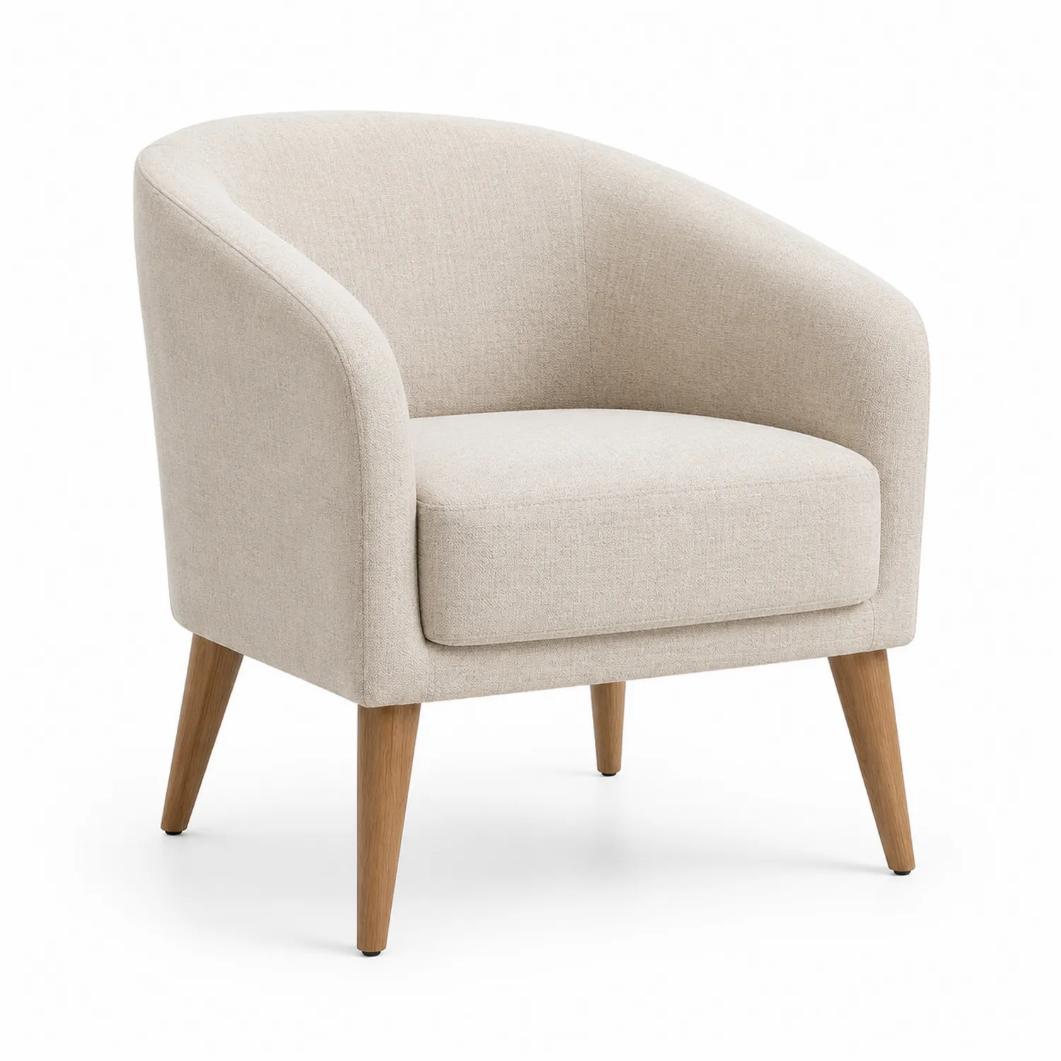 Fauteuil en tissu beige avec pieds en bois de chêne