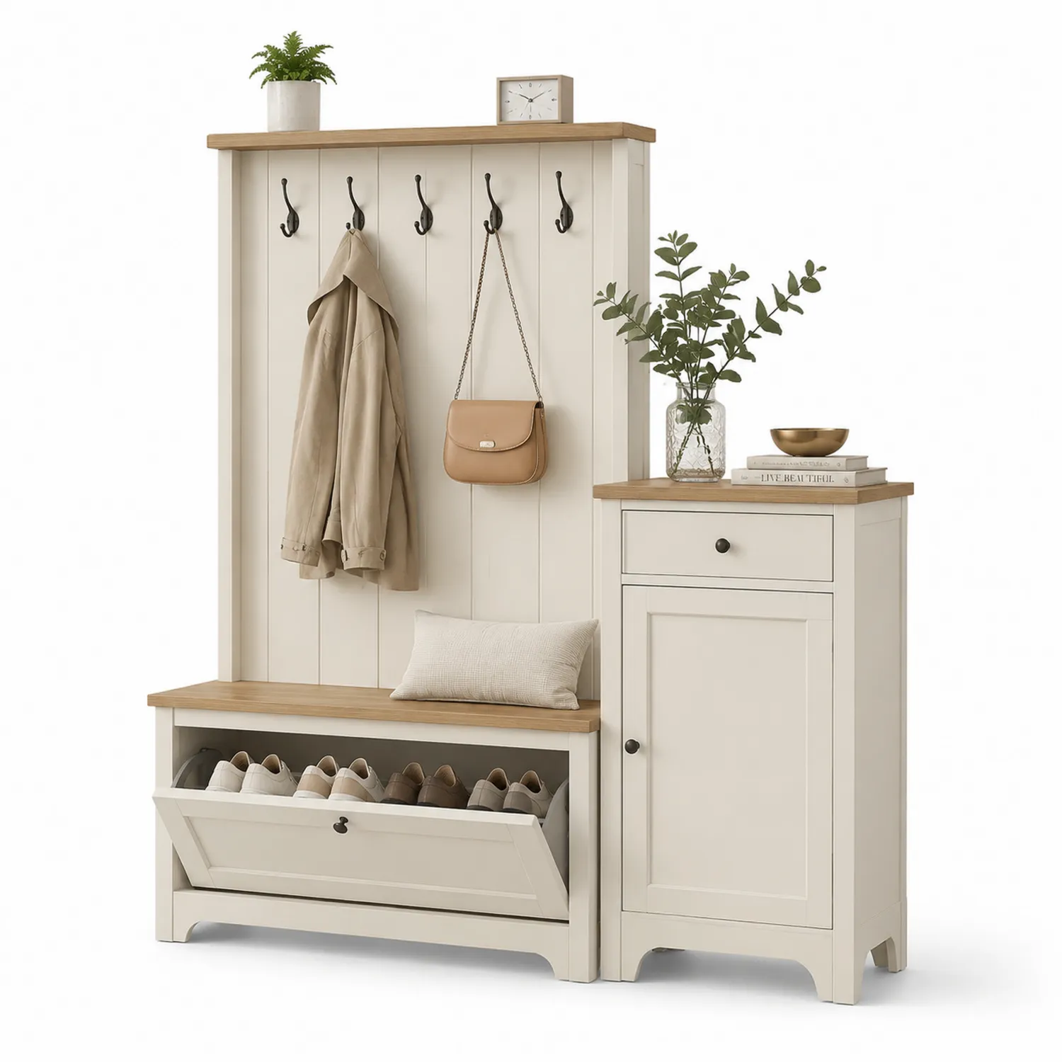Porte-manteaux avec Banc et Rangement en Bois Massif et Chêne