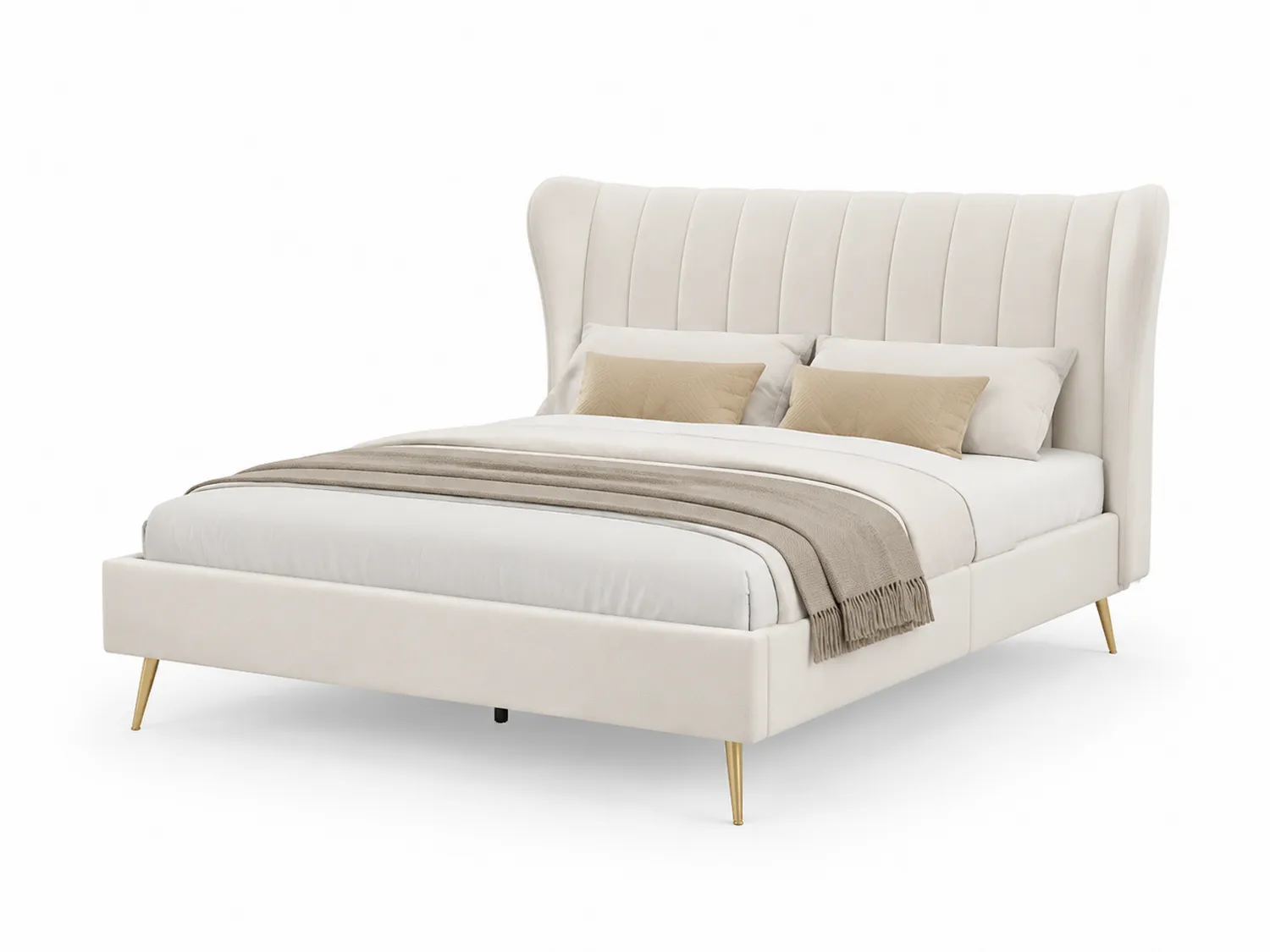 Lit king-size en velours ivoire avec tête de lit et pieds en métal doré