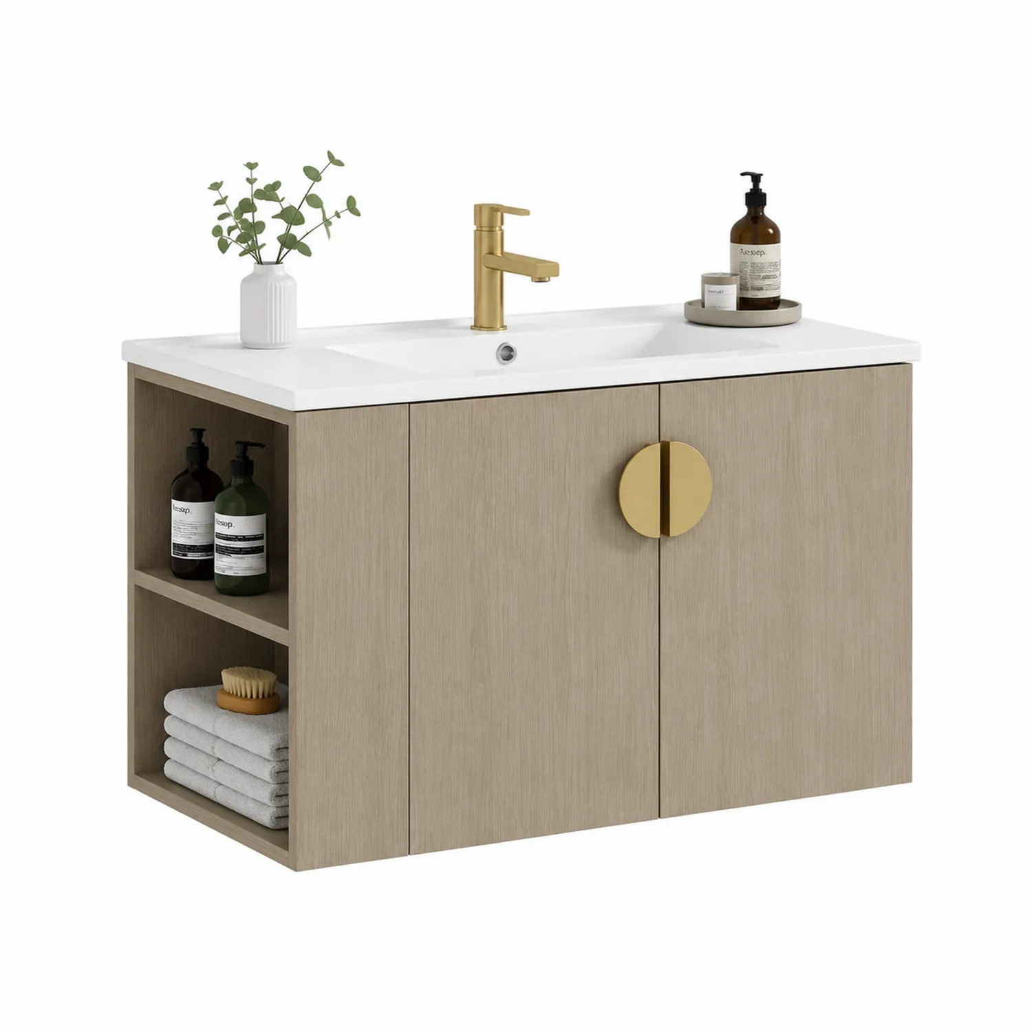 Meuble lavabo en bois composite avec lavabo en céramique 80x50x60 cm Chêne clair