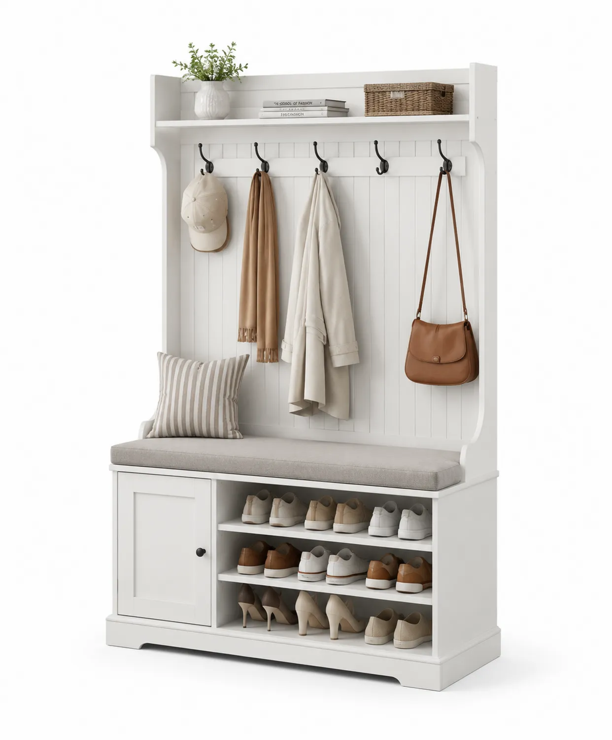 Vestiaire avec banc et porte-manteaux en bois blanc