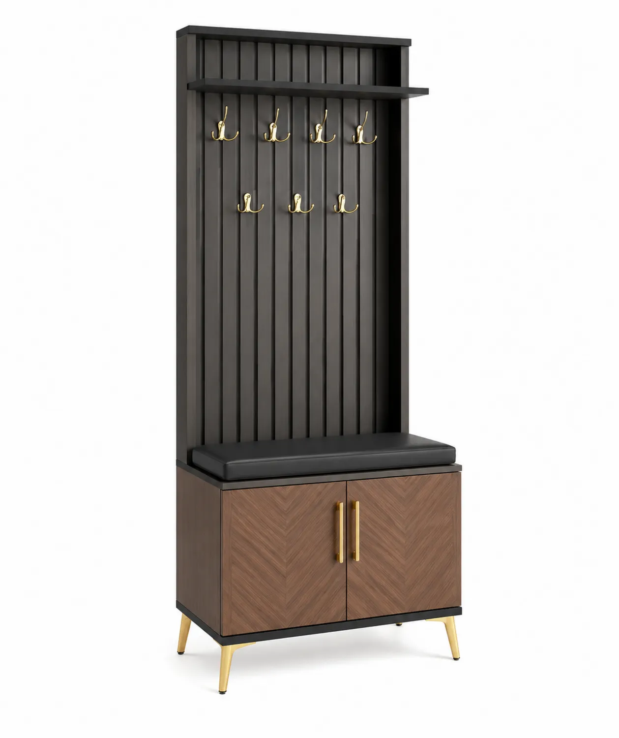 Vestiaire en bois et métal avec banc et rangements, Noir et Brun