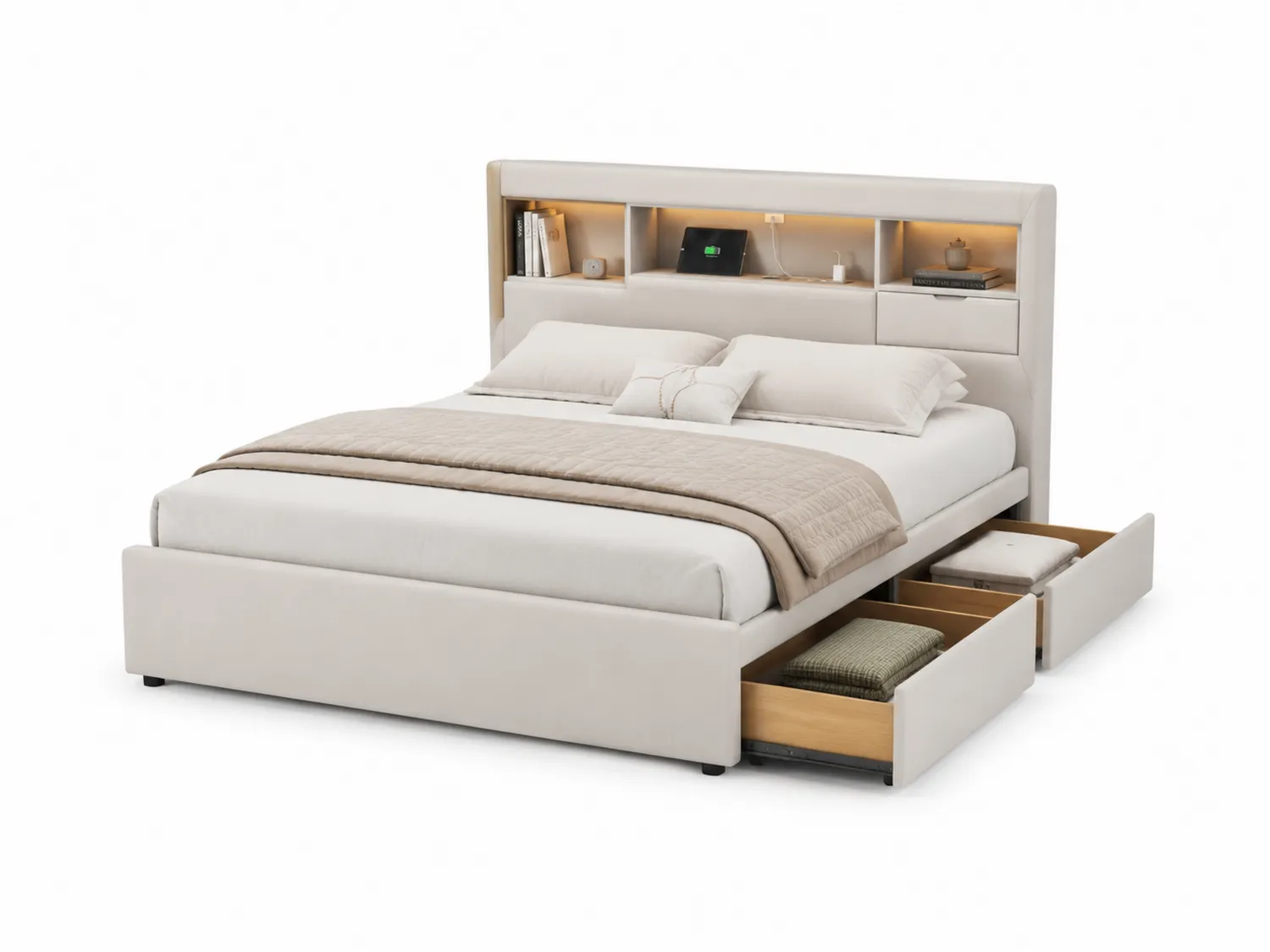 Lit en Tissu Beige avec Rangement et Étagère Intégrée