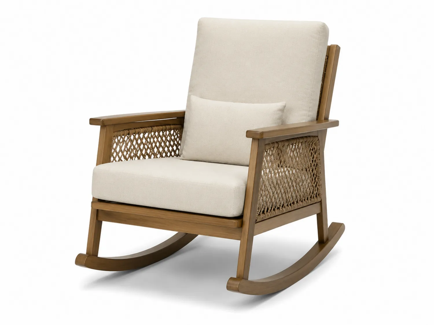 Chaise berçante en bois d'acacia avec coussins en polyester