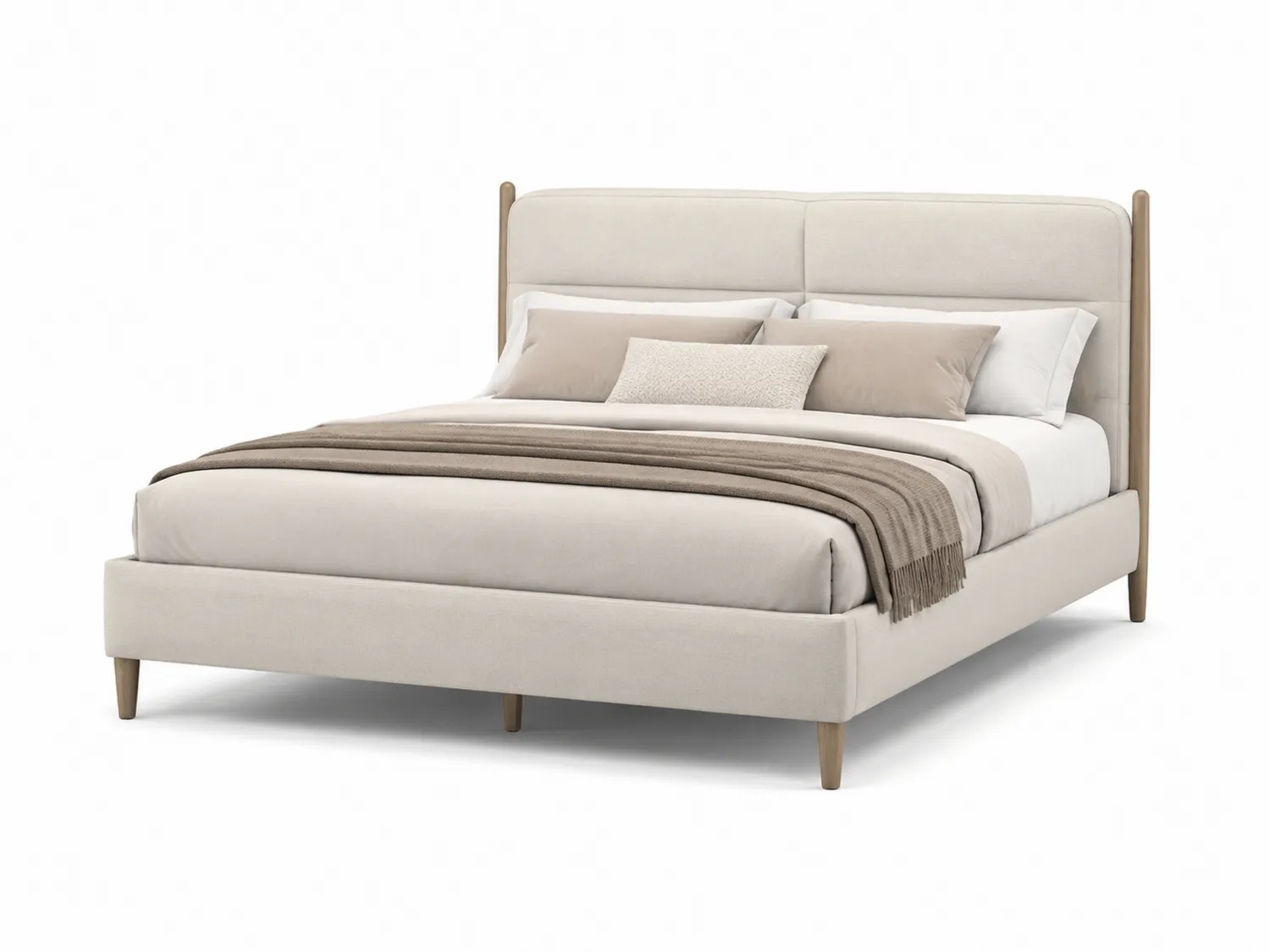 Lit double en tissu avec pieds en bois