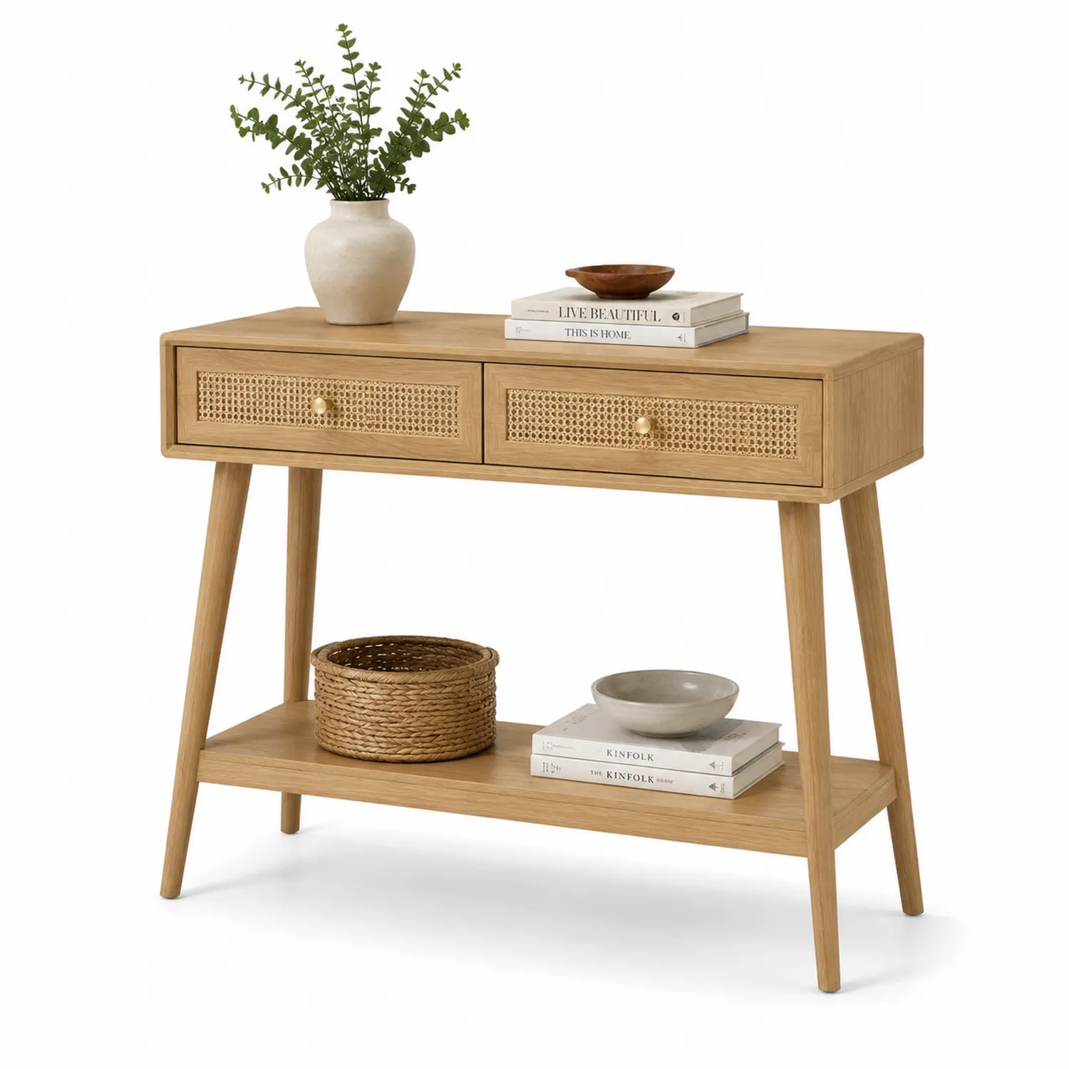 Console en bois avec tiroirs en rotin