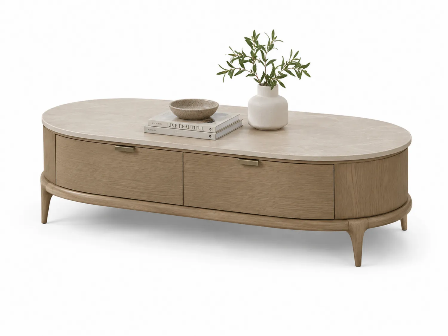 Table basse ovale en bois de chêne et marbre
