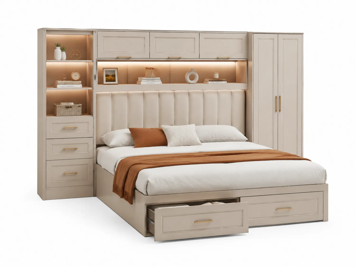 Ensemble de lit en bois MDF beige avec tête de lit capitonnée et rangement intégré
